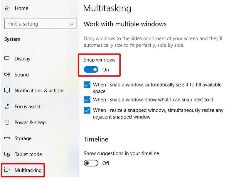 Kích hoạt các tùy chọn Snap windows trong mục Multitasking để chia màn hình hiệu quả