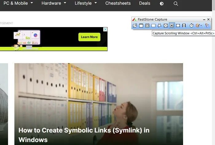 Kích hoạt "Capture Scrolling Window" trên thanh công cụ FastStone Capture