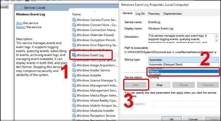 Kích hoạt dịch vụ Windows Event Log để sửa lỗi wifi laptop