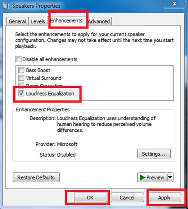 Kích hoạt Loudness Equalization để tăng cường âm lượng loa