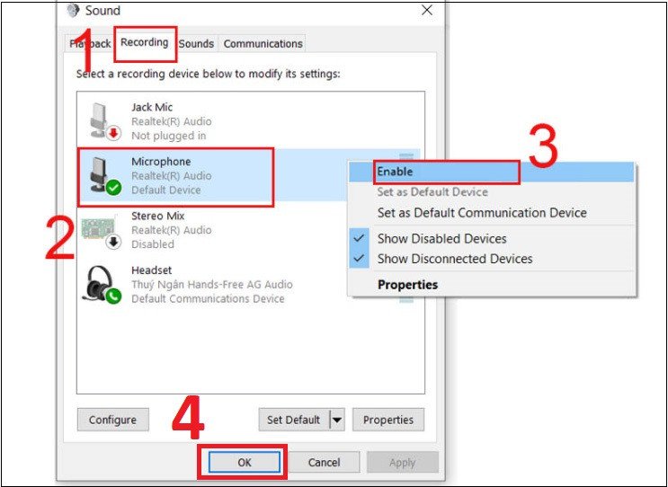 Kích hoạt micro trong tab Recording của Sound Control Panel trên laptop Lenovo