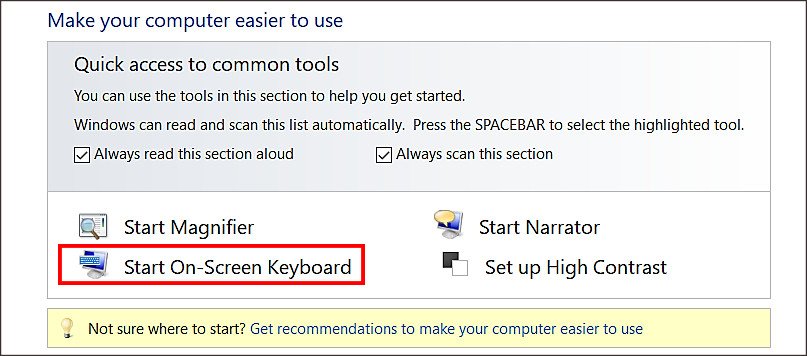 Kích hoạt Start On-Screen Keyboard từ Ease of Access Center