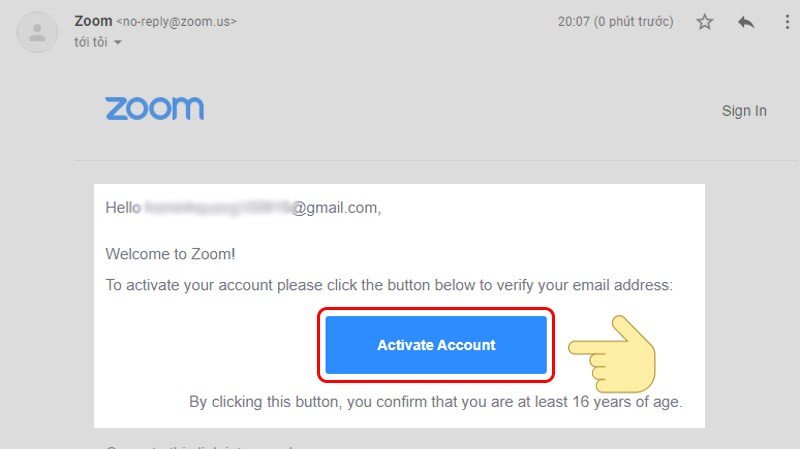 Kích hoạt tài khoản Zoom qua liên kết trong email