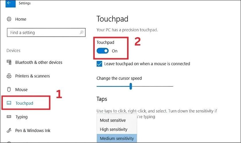 Kích hoạt thanh trượt "Touchpad" sang trạng thái "On" trong cài đặt thiết bị để bật chuột cảm ứng.