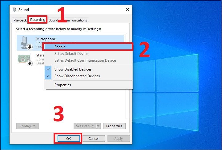 Kích hoạt thiết bị micro trong tab Recording trên laptop Lenovo