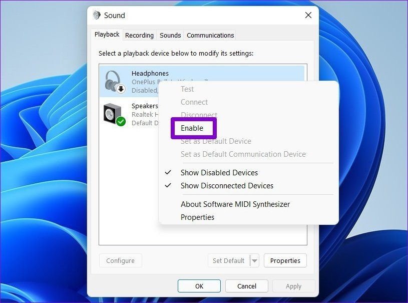 Kích hoạt thiết bị phát lại âm thanh cho tai nghe trên Windows 11.