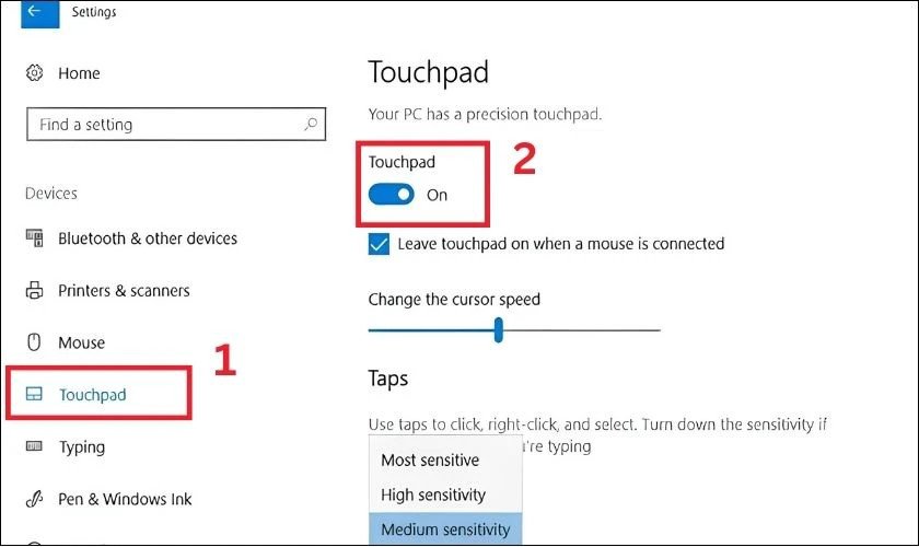 Kích hoạt touchpad trong cài đặt Windows 10 trên Lenovo