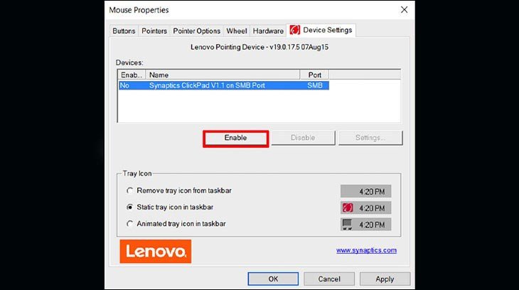 Kích hoạt Touchpad trong Mouse Properties để khắc phục laptop không nhấn chuột cảm ứng