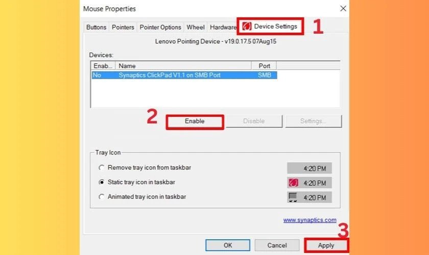 Kích hoạt touchpad từ tab "Device Settings" trong cửa sổ Mouse Properties, giúp bật chuột cảm ứng trên Windows 11.