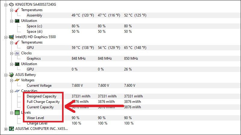 Kiểm tra các thông số Design Capacity, Full Charge Capacity và Wear Level trong HWMonitor