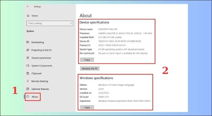 Kiểm tra cấu hình laptop Win 10 qua mục About trong Settings.