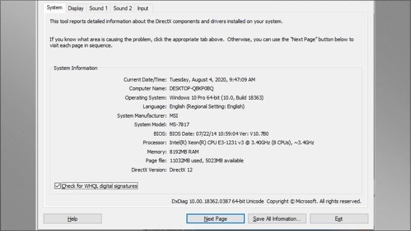 Kiểm tra chi tiết thông số cấu hình của máy tính mới bằng lệnh dxdiag