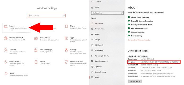 Kiểm tra CPU máy tính trong Settings