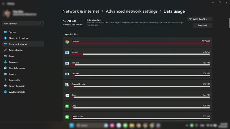 Kiểm tra dung lượng dữ liệu Wi-Fi đã sử dụng trên Windows 11