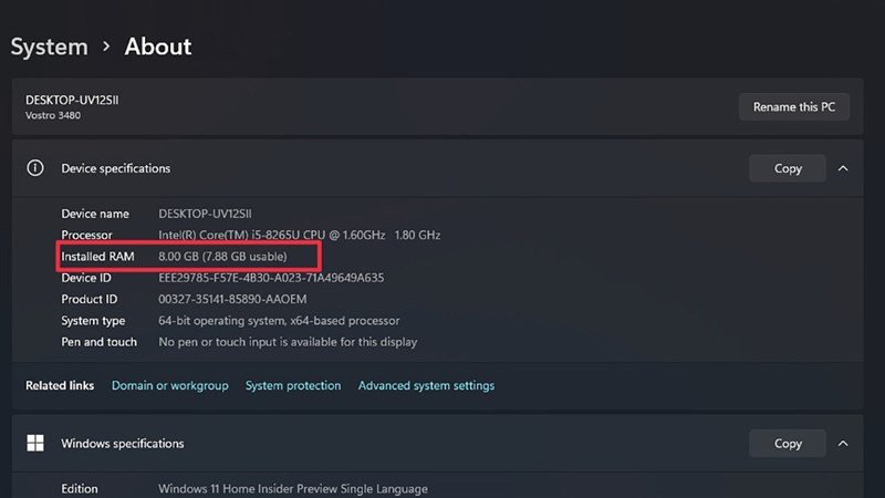 Kiểm tra dung lượng RAM laptop trên Windows 11 qua mục Device Specifications trong Settings