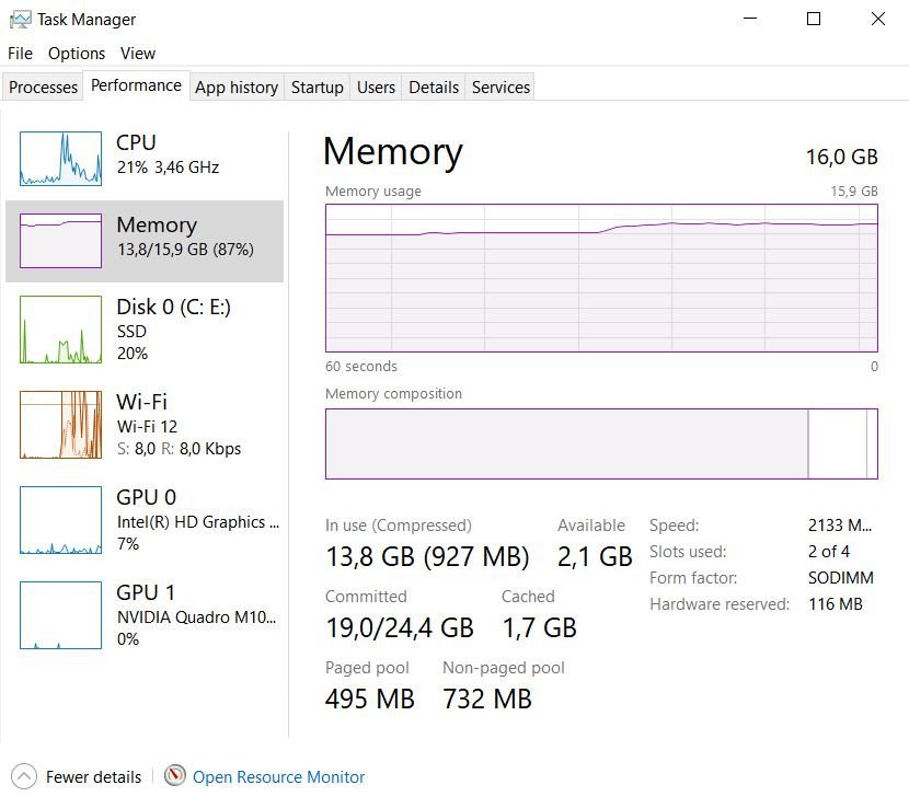 Kiểm tra mức độ sử dụng RAM trong Task Manager để đánh giá nhu cầu nâng cấp bộ nhớ laptop