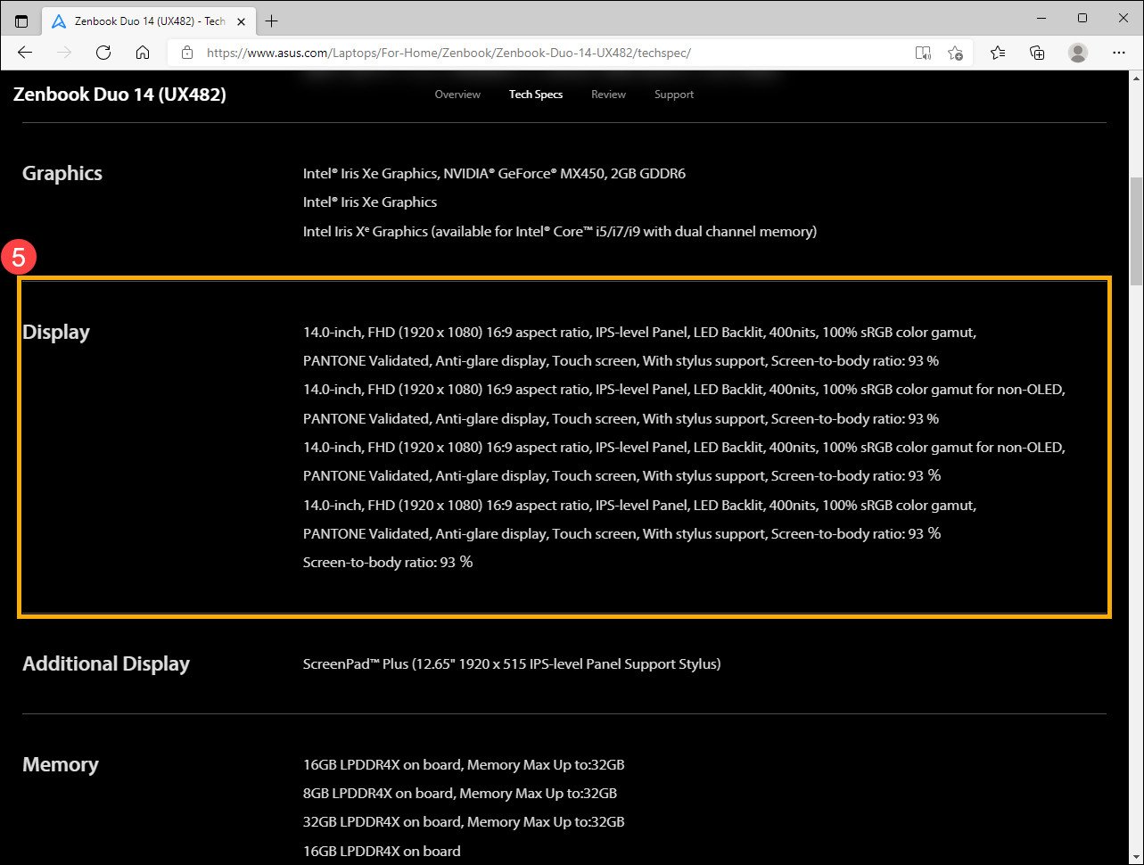 Kiểm tra mục màn hình để xác định hỗ trợ bút cảm ứng cho laptop ASUS