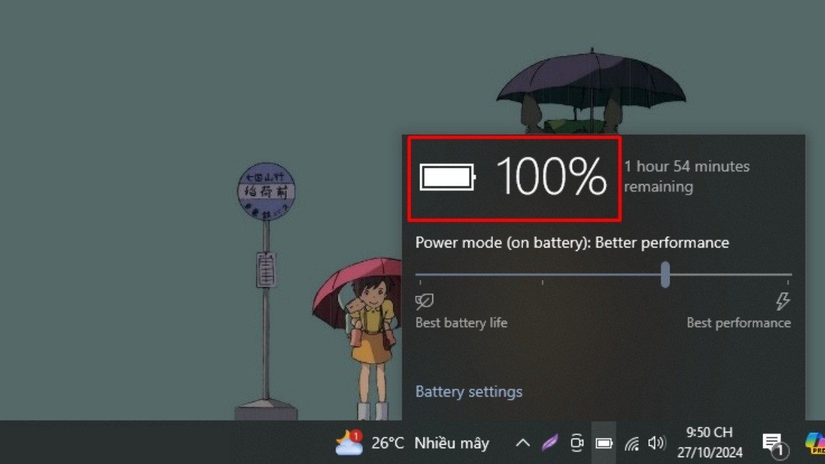 Kiểm tra phần trăm pin laptop bằng cách di chuột vào biểu tượng trên thanh taskbar