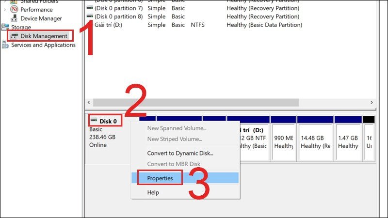 Kiểm tra Properties của ổ đĩa trong Disk Management