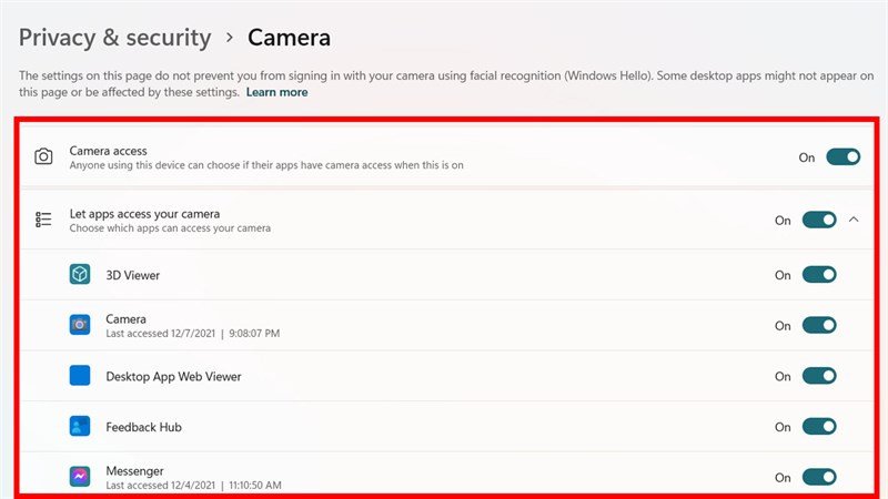 Kiểm tra quyền truy cập camera trên Windows 11
