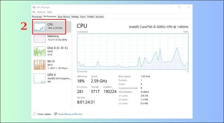 Kiểm tra thông tin CPU và tốc độ xung nhịp cơ bản trong Task Manager