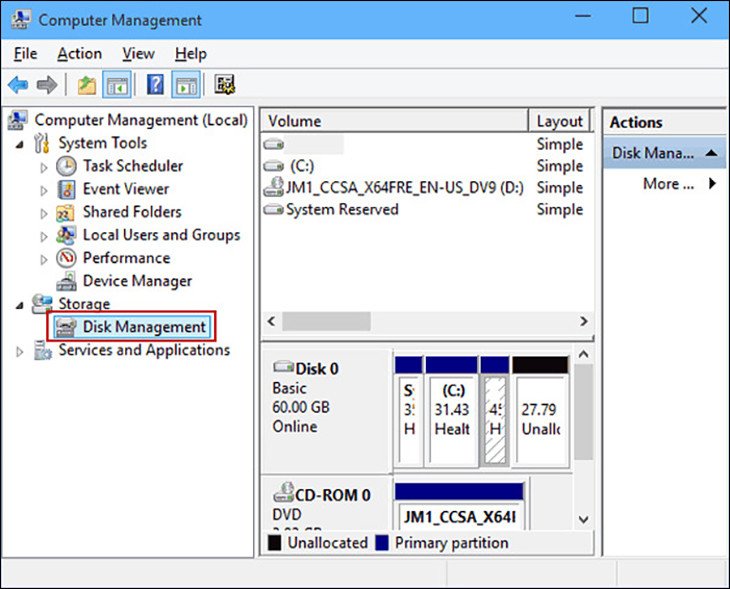 Kiểm tra tình trạng ổ cứng SSD mới trong Disk Management
