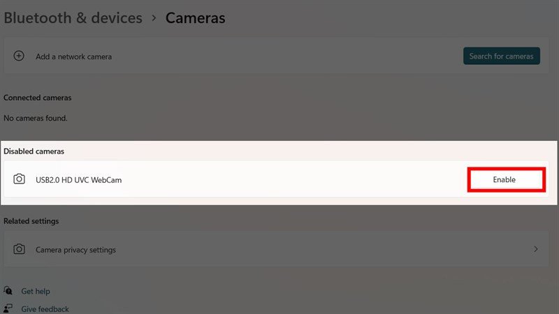 Kiểm tra trạng thái bật/tắt camera trong cài đặt thiết bị