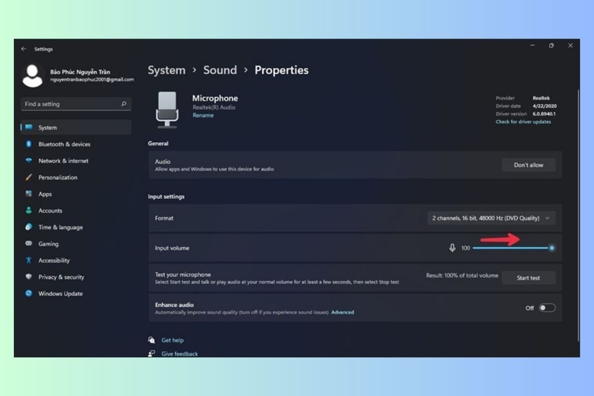 Kiểm tra và chọn micro mặc định trong cài đặt âm thanh Windows 11