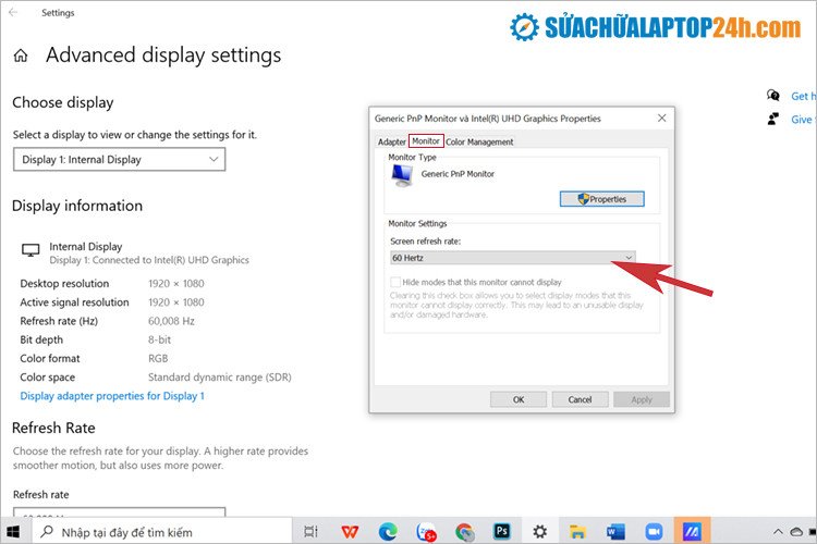 Kiểm tra và thay đổi tốc độ làm tươi màn hình trong tab Monitor