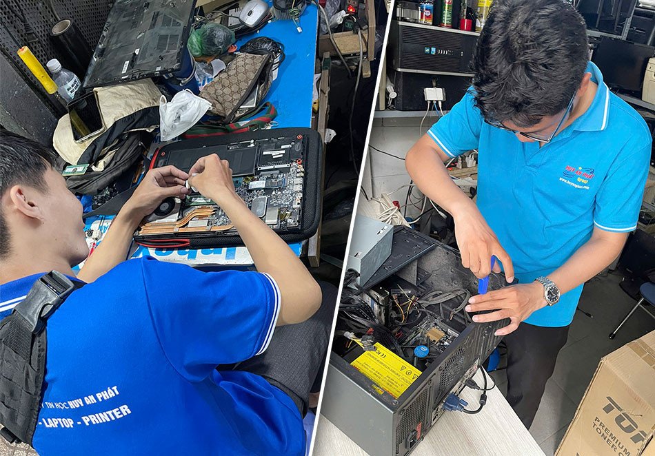 Kỹ thuật viên đang kiểm tra và sửa laptop tận nhà quận Bình Thạnh