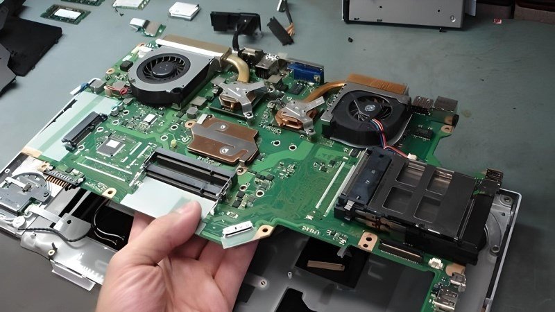 Kỹ thuật viên đang tháo lắp mainboard laptop, liên quan đến chi phí sửa chữa và thay thế main.