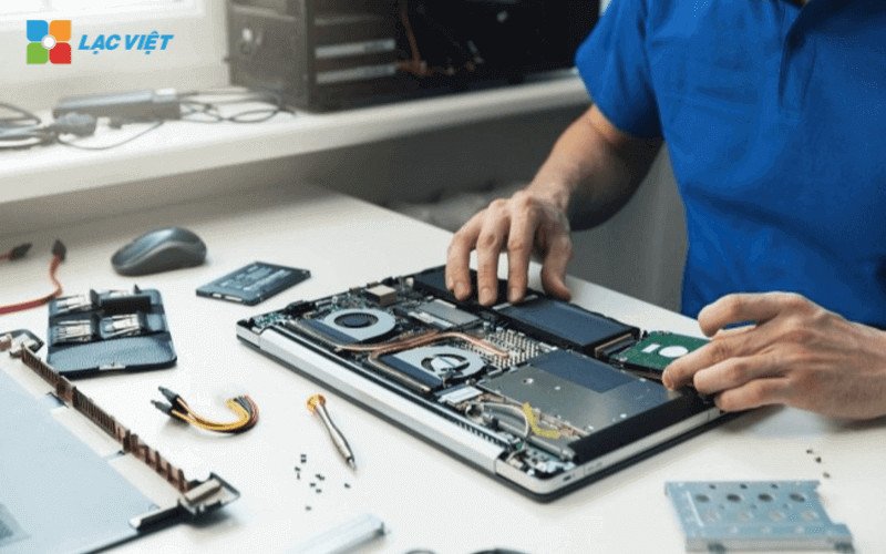 Kỹ thuật viên thực hiện quy trình thay thế card màn hình laptop Dell chuyên nghiệp