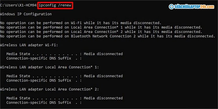 Làm mới địa chỉ IP bằng lệnh ipconfig /renew để khắc phục sự cố mạng