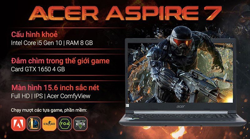 Laptop Acer Aspire 7 Gaming A715 75G 58U4 với thiết kế gọn gàng, phù hợp cho cả học tập và chơi game