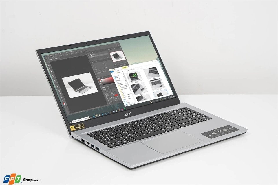 Laptop Acer Aspire A315-59-321N mỏng nhẹ màu bạc, đang mở phần mềm văn phòng, màn hình chống chói bảo vệ mắt cho giáo viên 2024