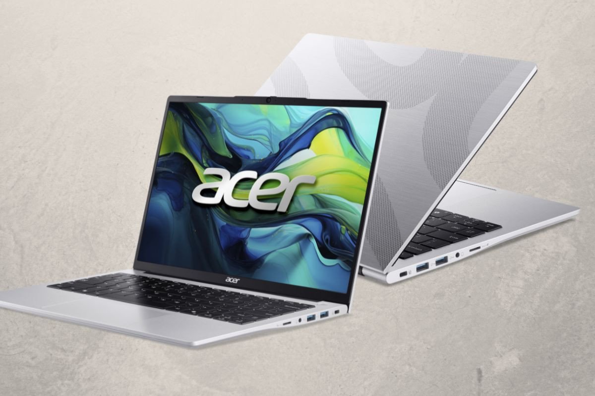 Laptop Acer Aspire Lite 14 AL14-71M-52GQ màu bạc, màn hình đang hiển thị một hình ảnh động