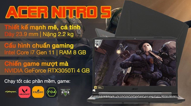 laptop Acer Nitro 5 Gaming AN515 57 màu đen với bàn phím số RGB