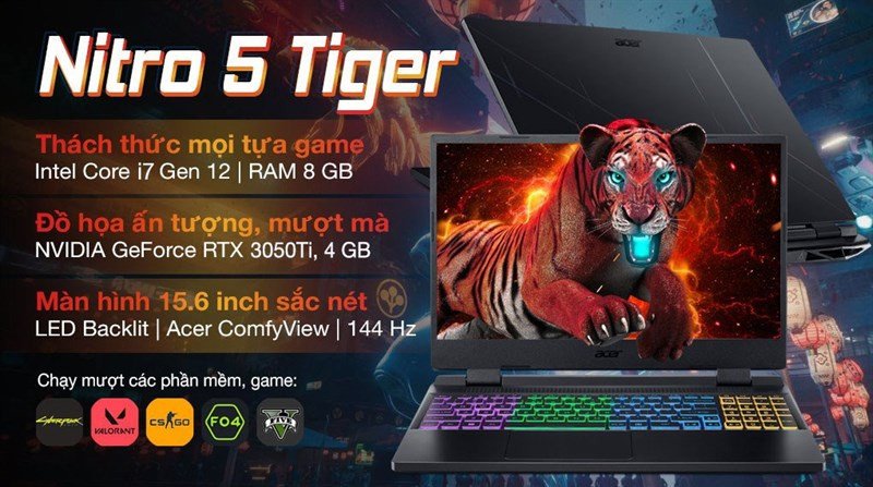 laptop Acer Nitro 5 Tiger AN515 58 773Y màu đen với bàn phím số RGB