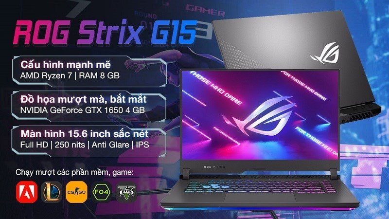 Laptop Asus ROG Strix Gaming với thiết kế mạnh mẽ, đèn LED dưới đáy và bàn phím RGB nổi bật