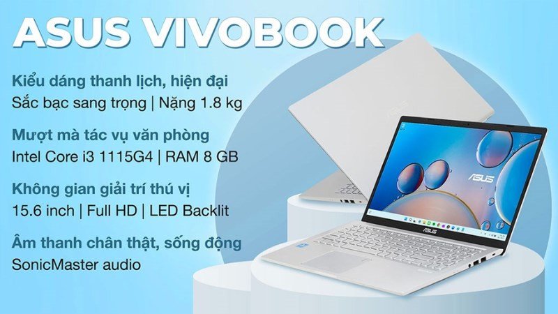 Laptop Asus Vivobook X515EA i3 màu bạc, phù hợp cho sinh viên học tập
