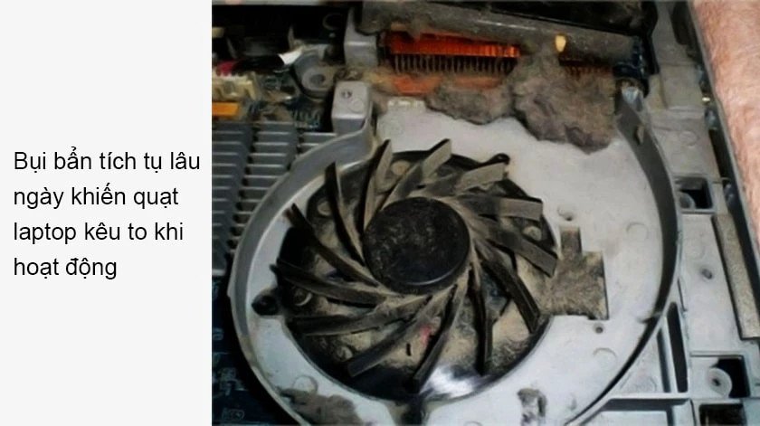 Laptop bị bám bụi bên trong làm quạt laptop kêu to và giảm hiệu suất tản nhiệt.