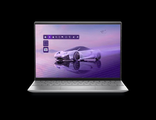 Laptop Dell Inspiron 13 5330 màu bạc trên nền trắng, mở màn hình hiển thị nội dung