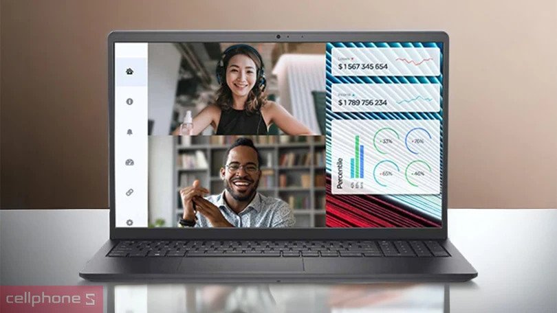 Laptop Dell Vostro 3520 F0V0V256 nhìn từ góc nghiêng, hiển thị màn hình và bàn phím