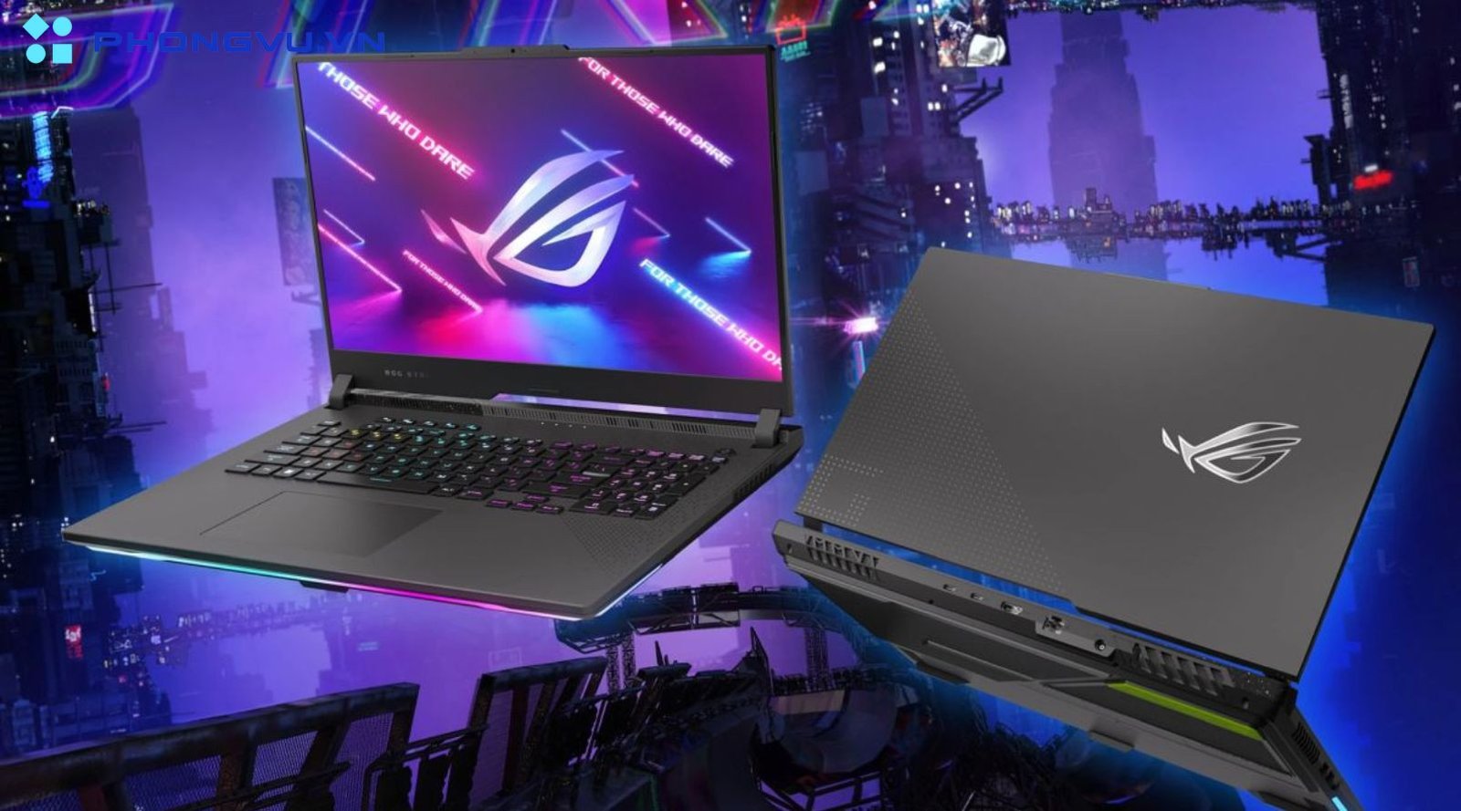 Laptop gaming ASUS ROG với thiết kế mạnh mẽ và logo phát sáng, đại diện cho một trong những dòng laptop chơi game tốt nhất hiện nay.