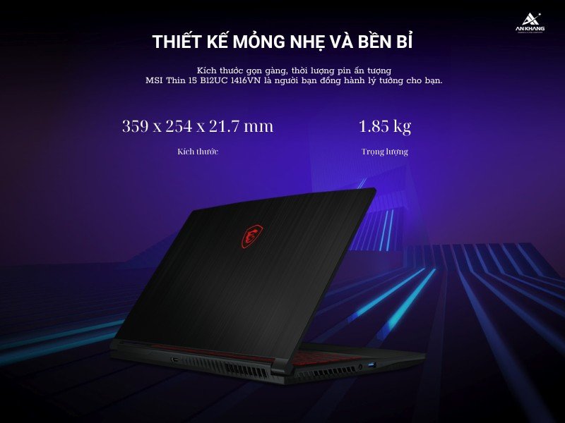 Laptop Gaming MSI Thin 15 B12UC 1416VN với thiết kế gọn gàng, tối giản, thanh lịch