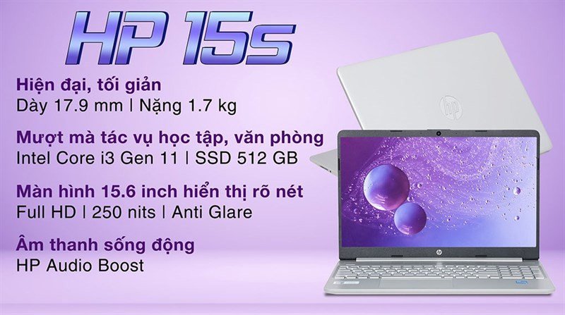 laptop HP 15s fq2716TU màu bạc với bàn phím số bên phải