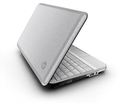 Laptop HP Mini 10 inch mở, góc nhìn từ phía sau bên phải