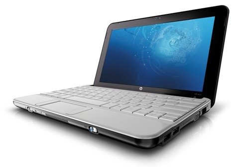 Laptop HP Mini 10 inch mở, góc nhìn từ phía trước bên trái
