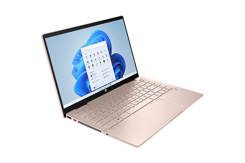 Laptop HP Pavilion x360 màu hồng vàng đang mở
