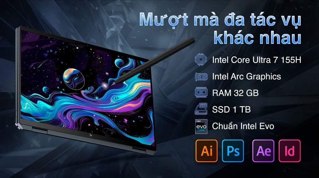 Laptop HP Spectre X360 14 eu0050TU Ultra 7 155H sở hữu khả năng xử lý nhanh và hiệu quả, giúp rút ngắn thời gian xử lý, tăng hiệu suất và độ chính xác